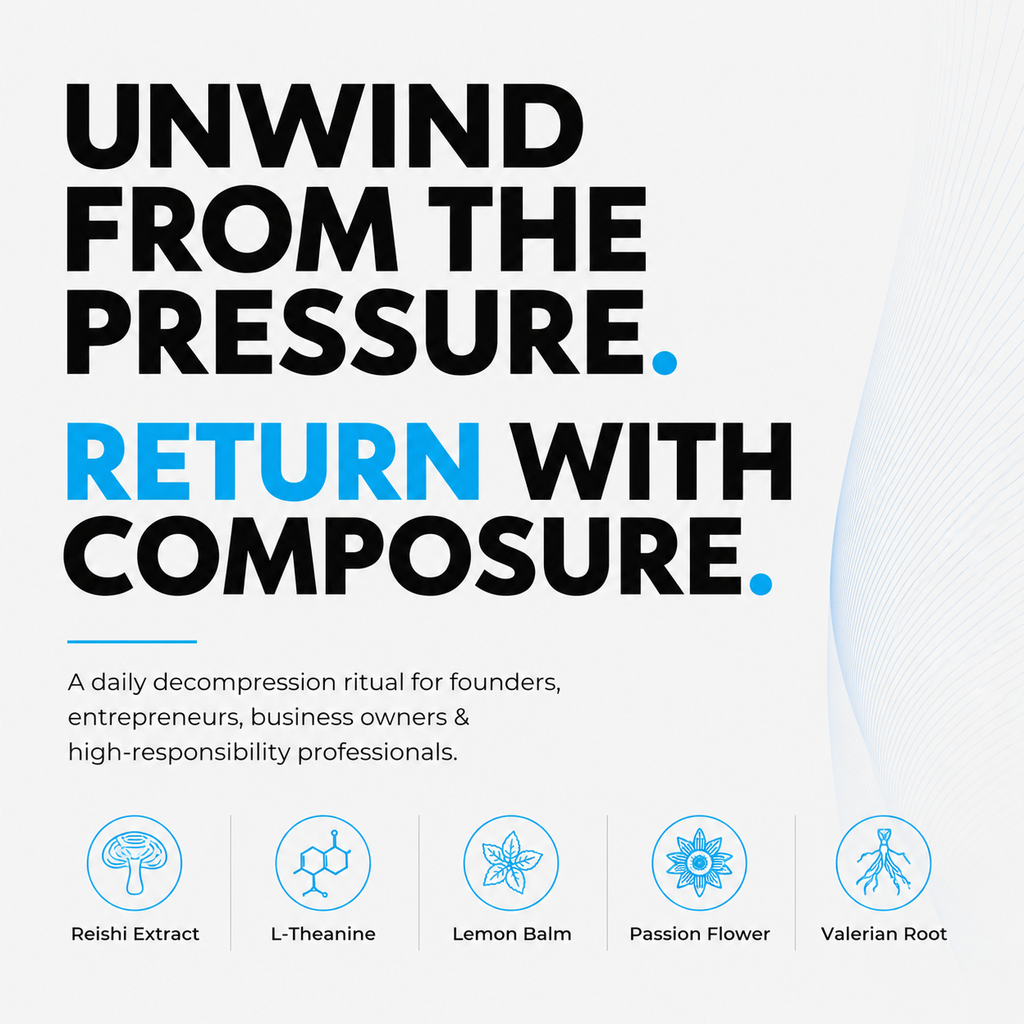 Promotional graphic with the text 'UNWIND FROM THE PRESSURE. RETURN WITH COMPOSEURE.