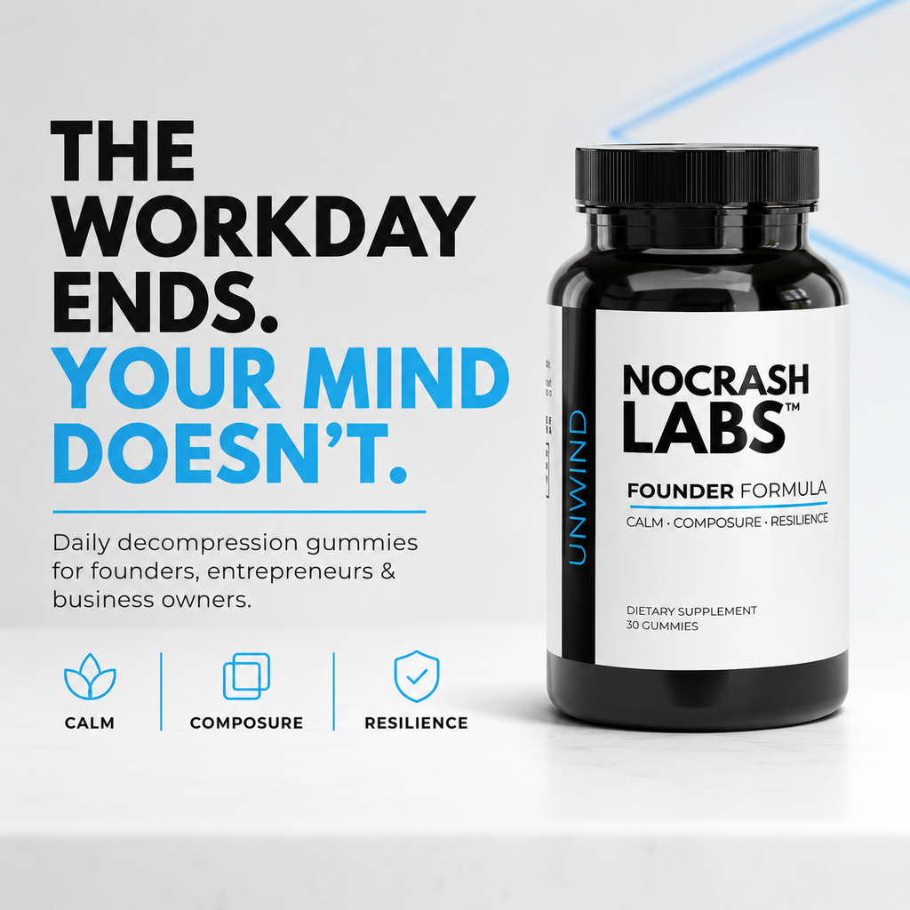 A bottle of Nocrash Labs Founder Formula dietary supplement gummies stands on a white surface against a light gray background with promotional text on the left. The bottle is black with a white label and black cap.