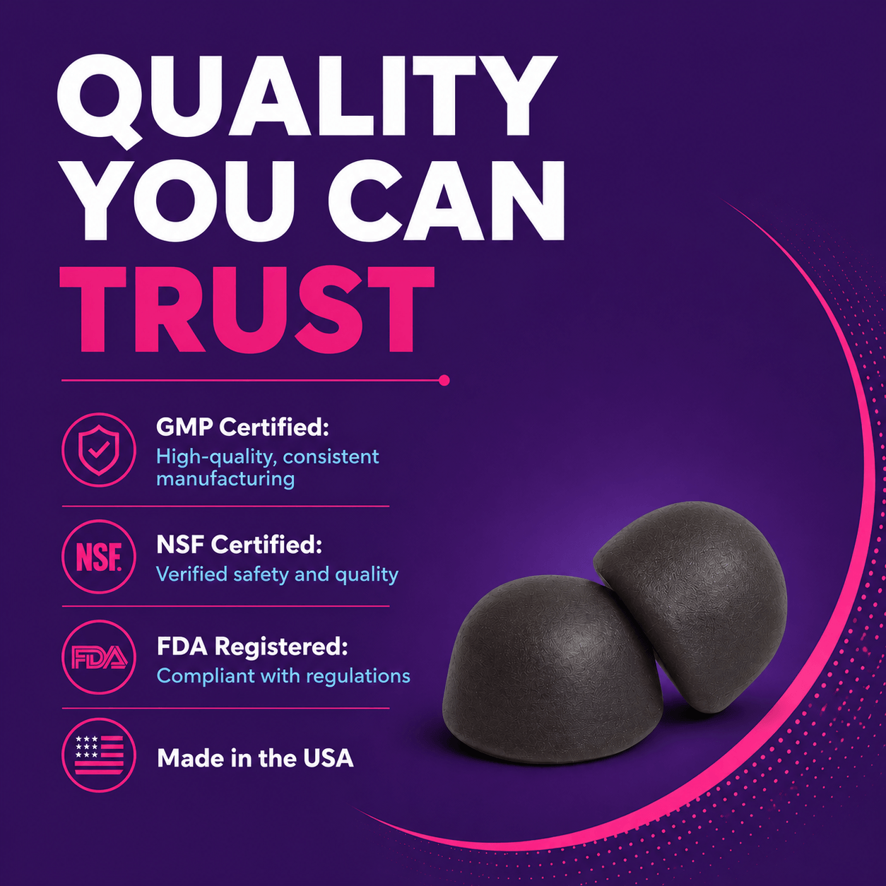 Quality assurance image featuring FOCUS GUMMIES with GMP, NSF, and FDA certifications, made in the USA.