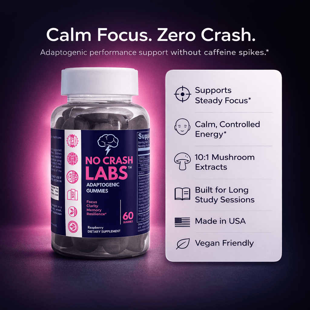 FOCUS GUMMIES by NO CRASH LABS in a bottle with benefits like steady focus and calm controlled energy.