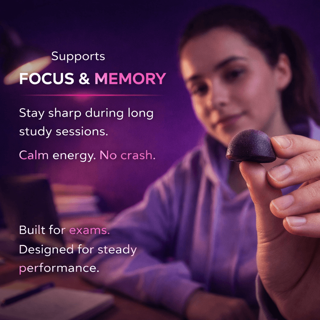 A young woman holding FOCUS GUMMIES, designed to enhance focus and memory during study sessions.