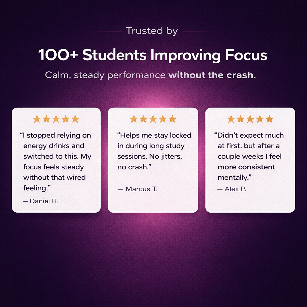 Testimonials from students about FOCUS GUMMIES highlighting improved focus and steady performance.